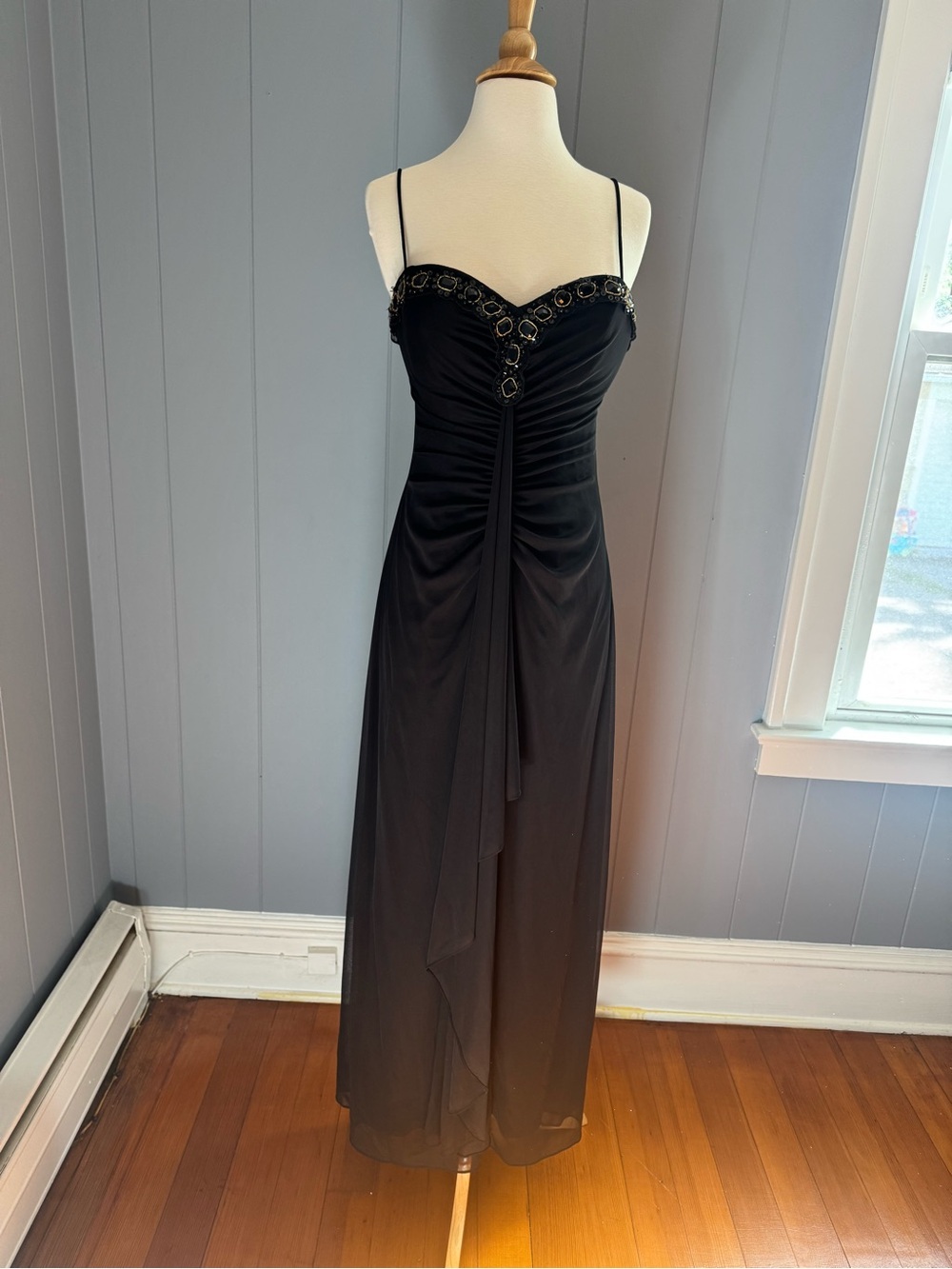 Wendye Chaitin Black Beaded Spaghetti-Strap Maxi Gown